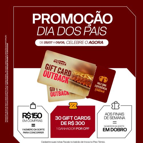 Venâncio Shopping apresenta campanha especial para o Dia dos Pais com sorteia de gift cards do Outback_DeBoa Brasília